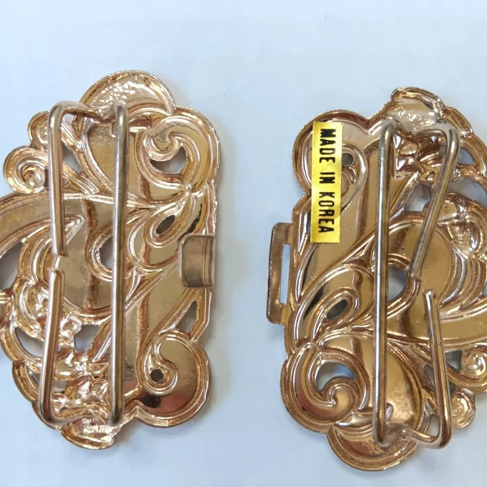 Lot of 2 Vintage 1980s Golden Metal Enamel Butterfly And Scroll Belt Buckles